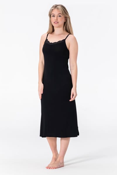 Bamboe Onderjurk Lang met Kant - Verstelbare Spaghetti Bandjes - Zwart - Maat S/M (EU 36-38) - Lengte (112CM)