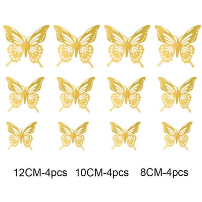 Lot de 12 autocollants muraux 3D en forme de papillon creux, dorés, roses, argentés, pour décoration de mariage, d'anniversaire, de maison ou de chambre