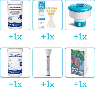 Zwembad Onderhoudspakket - Onderhoud Zwembad - bevat Chloor - Testrips - Chloordrijver - Chloor - Thermometer en Zwembadgids (6-delig)