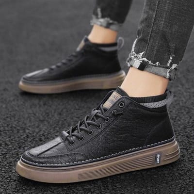 Winter Heren Hoge Top Casual Sportschoenen Leer Plus Fluweel Warmte Alles-Match Verhoogde Sneakers Ademend Sport Schoeisel 40 black