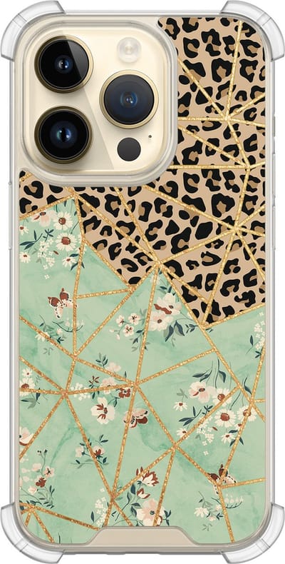 Shockproof hoesje - Geschikt voor iPhone 14 Pro - Luipaard bloemen print - Extra sterke case - TPU/polycarbonaat - Print / Illustratie - Bruin, Transparant