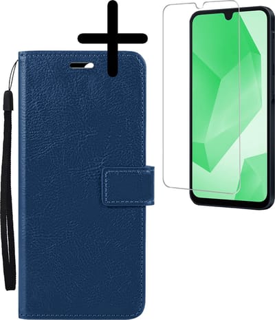Hoesje Met Screenprotector - Geschikt voor Samsung Galaxy A16 - Luxe Pasjeshouder - Bookcase Portemonee - Flip Case - Kunstleer Book Case - Flipcase - Book Cover - Walletcase - Portemonneehoes - Donkerblauw