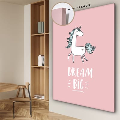 Kinderkamer decoratie - Schilderij voor kinderen - Dream big - Eenhoorn - Roze - Quotes - Tekst - Muurdecoratie kinderkamer - Canvas kind - 120x160 cm