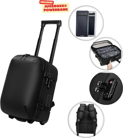 CarryQuest® - Vacuüm Rugzak Trolley Underseat - Incl. JuiceBoxx® Solar Powerbank - Handbagage 40x30x20 - Rugzaktrolley met Wielen - Ingebouwde Pomp - Laptopvak 14 inch - USB-C - TSA-slot - Zwart