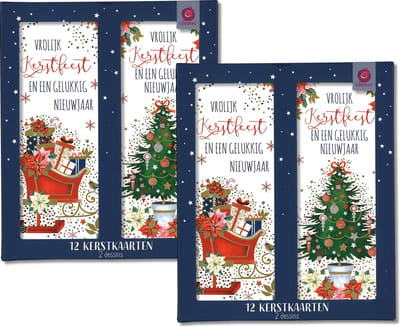 Cardeau - 24 dubbele Kerstkaarten en Nieuwjaarskaarten - 2 doosjes - 2 motieven - Foliedruk - 8 x 20 cm