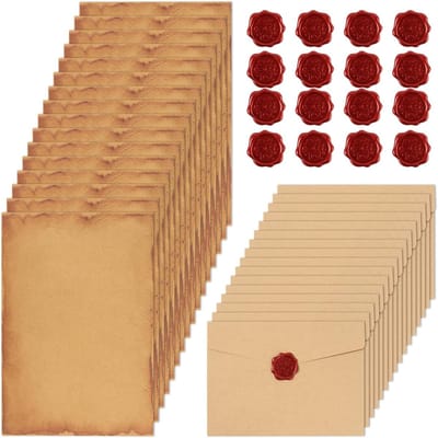 Vintage Schrijfpapier Set met 16 Kraft Enveloppen en 16 Waszegels voor Liefdesbrieven en Huwelijksuitnodigingen