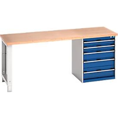 Bott cubio werkbank, met ladekast, beuken multiplex blad, B 2000 x D 750 x H 840 mm, belastbaar 700 kg, lichtgrijs/enzianblauw
