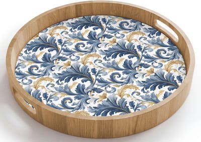 Dienblad rond 40x40 cm - Schootdienblad hout - Bloem - Blauw - Goud - Patroon - Borrelplank rechthoek - Plateau houten dienbladen