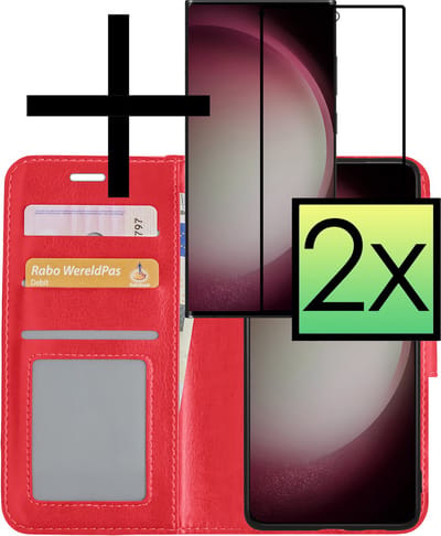 Hoesje - Met 2x Screenprotector - Geschikt voor Samsung Galaxy S23 Ultra - Luxe Pasjeshouder - Bookcase Portemonee - Flip Case - Kunstleer Book Case - Flipcase Hoes - Book Cover - Walletcase - Portemonneehoes - Rood