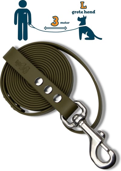 Miqdi hondenriem – BioThane® - olijfgroen – 3 meter lang – 19mm breed – L/XL - grote hond