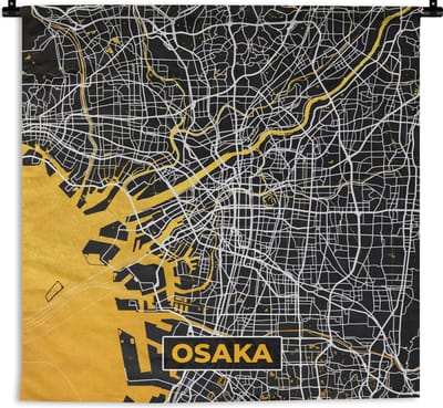Wandkleed - Wanddoek - Goud - Osaka - Stadskaart - Plattegrond - Kaart - 180x180 cm - Wandtapijt