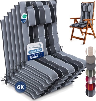 Beautissu Sun-HL – Set van 6 Premium Hoge Rugleuning Stoelkussen 120x50 cm – UV-bestendig – 8cm Dik – met Hoofdkussen & Bevestigingsbanden – Antislip – Antraciet Gestreept