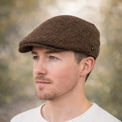 Hatman of Ireland Flat Cap Unisex Aran Whisky, bruin visgraat 100% Iers scheerwol maat S/M (56-58cm)
