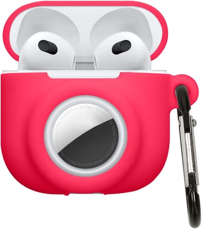 kwmobile oordopjes case geschikt voor Apple Airpods 4 hoesje - Oortjes cover met AirTag houder - In-ear koptelefoon hoes - Silicone in neon roze