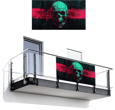 Balkonscherm 200x110 cm - Balkonposter Schedel - Cyberpunk - Neon Rood - Balkon scherm decoratie - Balkonschermen - Balkondoek zonnescherm