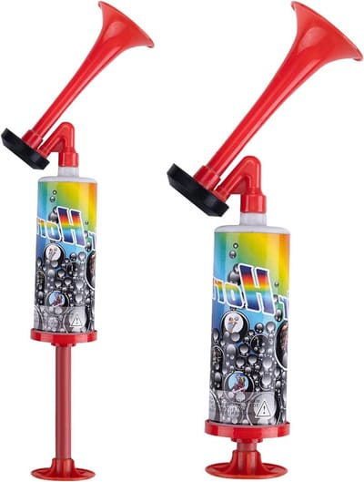 Set van 2 luchtfluitjes, handbediende luchtdrukfanfare, ideaal voor sportevenementen en feesten, met krachtige geluidsproductie en gebruiksvriendelijke pomp