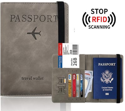 Paspoorthouder met RFID Blokkering – Lederen Paspoorthoes – Reisportefeuille – Paspoort Organizer – Reistas Accessoire – Compact & Stijlvol – Unisex – Grijs