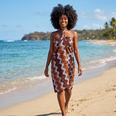 Sarong / pareo / pangi katoen - Strandkleding wikkelrok / strandjurk / omslagdoek / baby wrap - Oranje Bordeauxrode golvende strepen met bloem