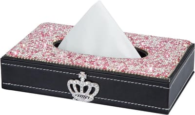 Oneay Decoratief rechthoekig deksel voor tissuebox (roze), gemaakt van leer met strass-steentjes, ideaal voor in de auto, op kantoor of thuis.