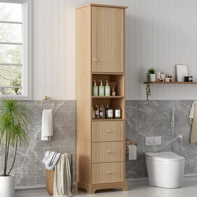HAUSS SPOLE Badkamerkast - Smalle Hoge Opbergkast Met 3 Lades En Verstelbare Plank - Voor Badkamer - MDF - 40x30x172 Cm - Naturel