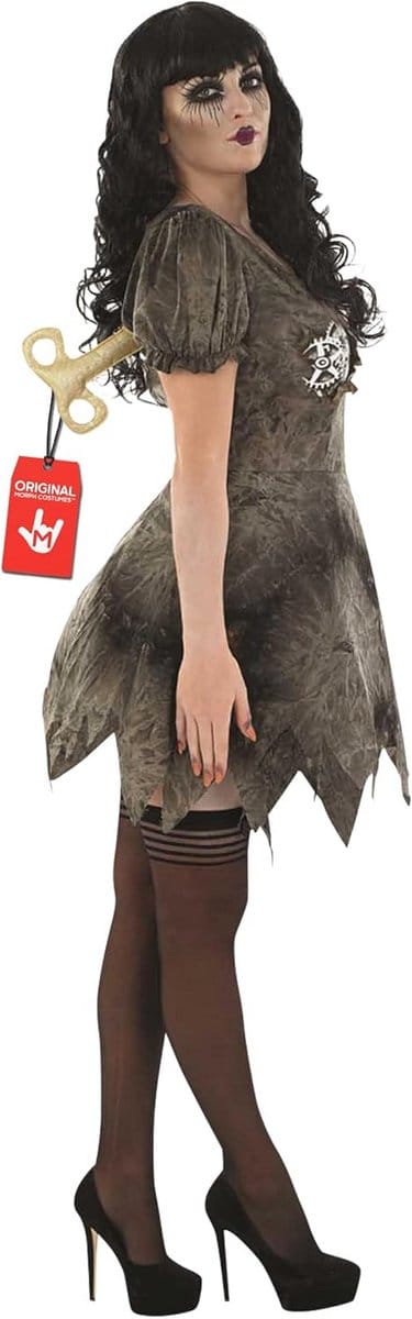 Creepy Poppenkostuum voor Vrouwen - Wind-up Doll met Sleutel en Hold-ups - Grijze Jurk voor Halloween