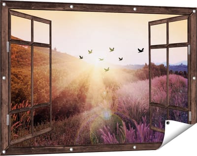 Gards Tuinposter Doorkijk Silhouet Zwerm Vogels bij Zonsondergang - 120x80 cm - Tuindoek - Tuindecoratie - Wanddecoratie buiten - Tuinschilderij