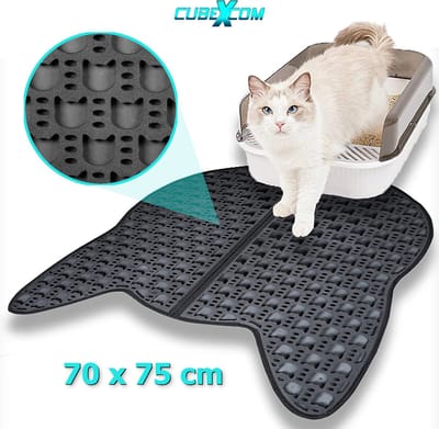 CUBEXCOM® Kattenbakmat XXL, 75 x 70 cm, Kattenbakmat Grit Opvanger, Kattenbakonderlegger, Dubbellaags, Urine En Waterdicht EVA-Materiaal, Kattenkopdesign, Beschermt Vloer En Tapijt, Gemakkelijk Te Reinigen, Groot Formaat, Grijs