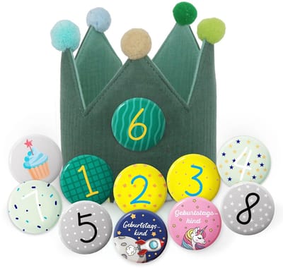 Dailygoods- Verjaardagskroon Dubbelzijdig - Feestdecoratie - Kroon met Cijfers - Inclusief 9 Badges - Verstelbare Hoofdomtrek - Geschikt voor Kinderen - Feesthoed