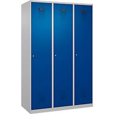 C+P Evolo Plus garderobekast, 3 vakken, 400 mm breed, cilinderslot, soft-close, B 1.200 x D 500 x H 1.850 m, blank aluminium/ gentiaanblauw