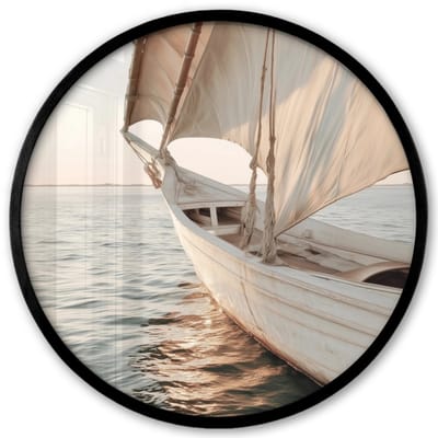 Poster in lijst Rond - Fotolijst 40x40 cm - Posters - Zeilboot - Zee - Beige - Zon - Ronde posterlijst zwart - Decoratie - Wanddecoratie woonkamer - Muurdecoratie slaapkamer