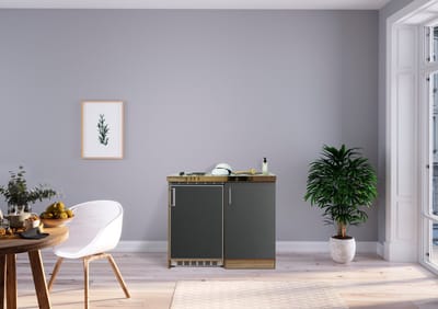 Goedkope keuken 100  cm - mini keuken met apparatuur Levin - Eiken/Grijs - elektrische kookplaat  - koelkast          - kleine keuken - compacte keuken - keukenblok met apparatuur