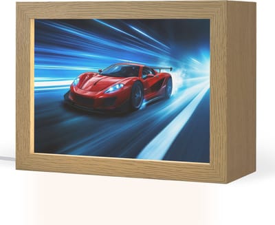 Nachtlampje 20x15 cm - Kinder lampje - Rode raceauto - Blauw - Futuristisch - Tafellamp kinderkamer - Slaapkamer lamp - Bedlamp kinderen - Kinderlampje stopcontact - Wandlamp babykamer - Nachtlampjes