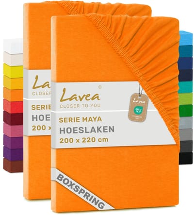 Lavea® Set van 2 Hoeslakens 200x220 cm – voor Dikke Matrassen tot 35 cm, voor Boxspring & Waterbed – 100% Katoen – met Elastiek – Hoge Kwaliteit – Zonsondergang Rood