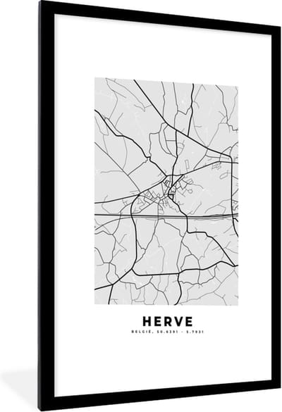 Fotolijst incl. Poster Zwart Wit- België – Herve – Stadskaart – Kaart – Zwart Wit – Plattegrond - 60x90 cm - Posterlijst