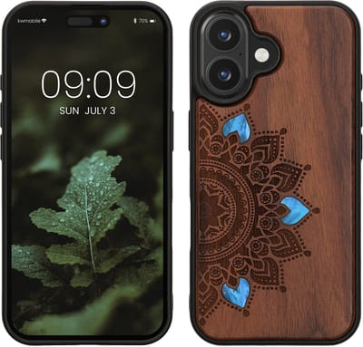 kwmobile telefoonhoesje geschikt voorApple iPhone 16 - Hoesje met bumper - hout - In donkerbruin Parelmoer mandala design