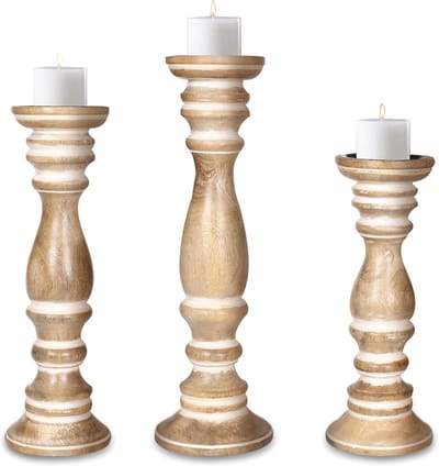 Houten Kandelaars - Kaarsenhouders Set - Sfeerverlichting Thuis - Handgesneden Design - Set van 3 - Wit Gewassen