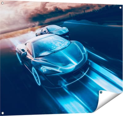 Gards Tuinposter Twee Raceauto's - Abstract - 100x80 cm - Tuindoek - Tuindecoratie - Wanddecoratie buiten - Tuinschilderij