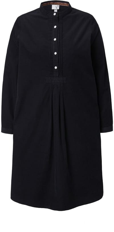 Ulla Popken - Dames - Corduroy jurk opstaande kraag plooien decoratieve plooien - Zwart - Maat 46
