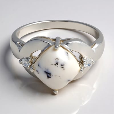 Cavill - Elegante Zilveren Ring 925 Sterling - 2,08 ct Dendriet Agaat en 0,081 ct Witte Topaas - Antiek Kussen Cabochon - Maat 17