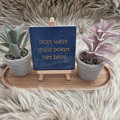 Robuust wenstegeltje “oost west thuis poept het best” – 10x10 cm – Humoristische Wanddecoratie & Cadeau – Cadeau vrienden,zomaar – Humor tegeltje – WC decoratie humor– Decoratief Tegeltje met Standaard – Cadeau Idee - CreaCraft