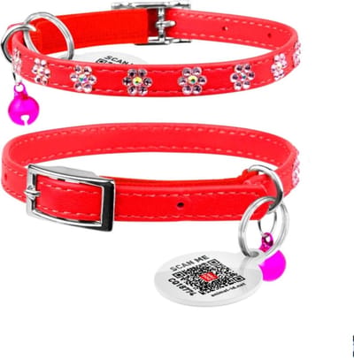 WAUDOG Glamour Flower Kattenhalsband - Echt Leder - Rood - Gratis QR-tag - XXS - Breedte: 9 mm - Nekomtrek: 22 - 30 cm (GELIEVE ALVORENS BESTELLEN OPMETEN)