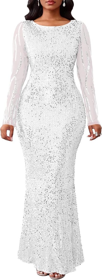 Glitter Maxi Jurk Dames Ronde Hals Lange Mouwen Bodycon Feestjurk Zeemeerminrok