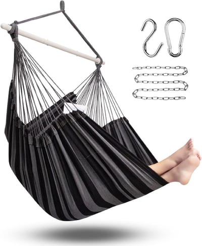 Hangstoel Touw Swing - Hangmat Stoel - Ontspannen Buiten - Extra Ruim XXL - Max 500 LB - Zwart Grijs