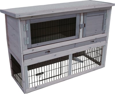 Konijnenhok met ren – Compact konijnenhok voor buiten met 2 verdiepingen en nachthok – 111x45x78 cm – Flamingo Konijnenhok Loft Cottage Grijs