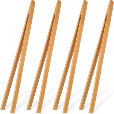 Set van 4 bamboe toasttangen 25 cm - herbruikbare antislip keuken tang voor toast, salades en grillen