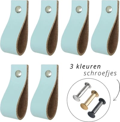 Handles and more - 6x Leren handgrepen lusjes - Licht blauw - XS (12,6cm) - incl. 3 kleuren schroefjes (handgreepjes - leren handgrepen - greepjes - leren lusjes)
