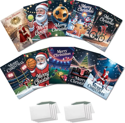 Inspra Studio – Luxe Kerstkaarten met Enveloppen – 10 Stuks – Sport Wenskaarten Collectie #4 – Artistieke Sportieve Illustraties met Winterse Sfeer