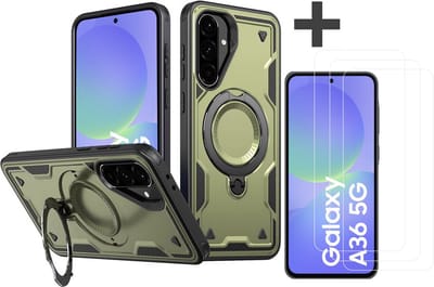 Hoesje Geschikt voor Samsung Galaxy A36 met 3 Stuks gehard glas Screenprotectors - Armor hoes met Ringhouder - Arara backcover - Groen