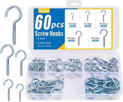 60 Stuks Schroefhaken Set - Mini en Kleine Haakschroeven van Verzinkt Staal - Voor Binnen en Buiten - Plafond- en Wandbevestigingshaken