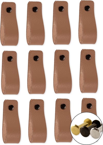 Leren handgrepen - Taupe - 12 stuks - 16,5 x 2,5 cm | incl. 3 kleuren schroeven voor de leren handgreep - Handgrepen leer - Leren meubelgreep - Leren handvaten kast - Leren lus - Handgreep kast leer - Leren greepjes - Leren handgreep